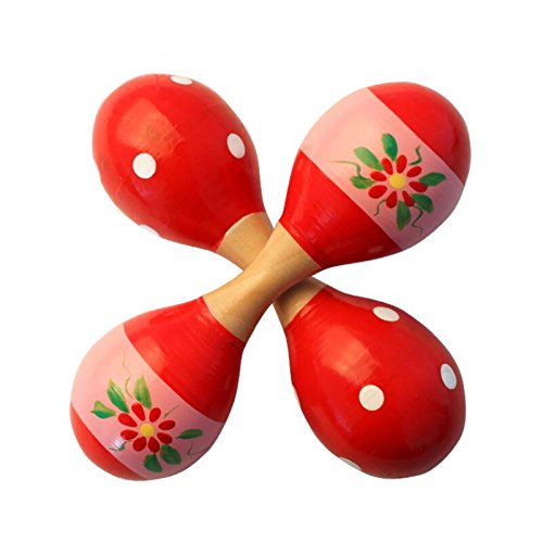 Wooden Maracas Double Head Rattle Shakers Percussion Musical Instruments Party Favor Kid Baby Toys,Set of 4 ,Assorted Colors and Designs - Thumbnail 2