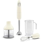 SMEG Handheld Immersion Blender with Beaker, Chopping Bowl w/Lid, Wire Whisk, 5 Speed Controls, made with Stainless Steel Blades and Ergonomic Design (Cream)