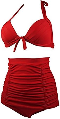 Women High Waist Swimsuit Retro Bikini Vintage 50s Pinup Girl Bathing Suit (XL, Red)