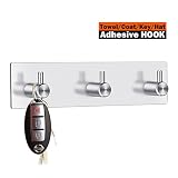 Key Hooks and Hanger, 3M Self Adhesive Stainless Steel Heavy Duty Coat Hanger Purse Hanger Robe Towel Hook 3-Hook for Bathroom, Living Room, Kitchen Wall Mounted (3 Hooks)