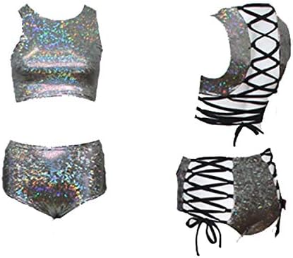 Burning Man High Waisted Rave Shiny Disco Hologram Two Piece Suits(L,Laser Black)