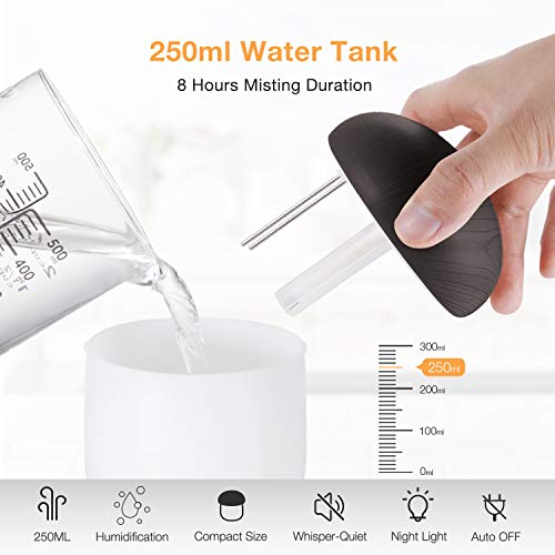 Mini Portable Car Humidifier for Travel, 250 ml Cool Mist Desk Personal Air Mushroom Humidifier with Night Lights, USB, Water Sprayer, Whisper-Quiet, Auto Shut-Off, Adjustable Mist Modes for Home,Baby