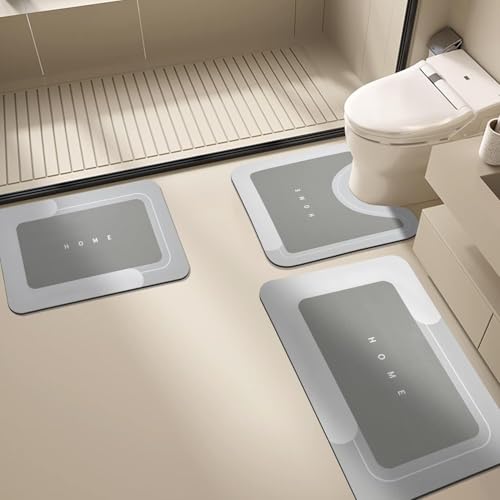 LBOYLOVE Bathroom Mat Set 2 PCS, 50 * 80cm+40 * 60cm+50 * 60cm Toilet Mat Absorbent Quick Drying Mat Silicone Anti Slip Bath Mat Rug Set Floor Door Rubber Kitchen Shower Sink, Light Gray (3 PCS)