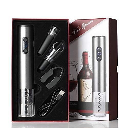 Rechargeable Electric Wine Bottle Opener with Vacuum Wine Stopper, Wine Pourer, and Foil Cutter Automatic Wine Opener Suit Combo 4Pcs/Set Stainless Steel