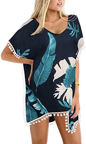 Women's Pom Pom Trim Kaftan Chiffon Swimwear Beach Cover Up