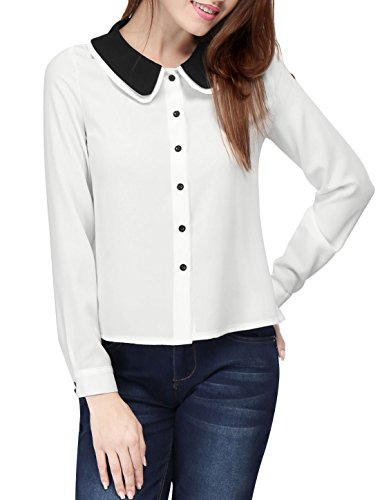 Allegra K Women Double Contrast Collar High Low Hem Button Up Blouse S White