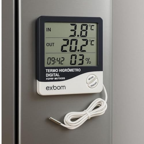 Termômetro Higrômetro Digital Alta Precisão, Medidor de Temperatura e Umidade do Ar Memória Máx/Mín Relógio Integrado Display LCD Fácil Leitura para Casa Freezer Aquário Chocadeira e Geladeira Premium