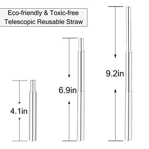Reusabel Telescopic Straws Stainless Steel Straw-RUCACIO Portable Drinking Straws with Cleaning Brush and Pouch for Travel and Home 2 Silicon Tips Cover included,Gifts for Friends(2 telescopic straws)