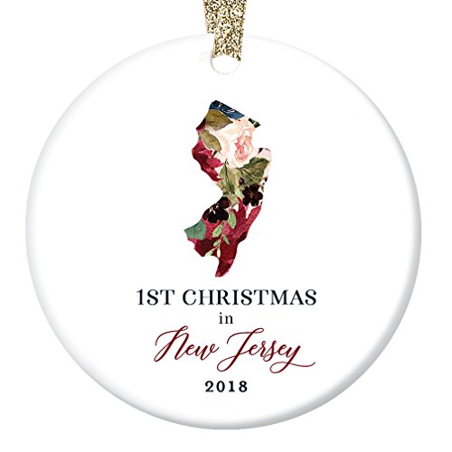 Christmas Tree Ornament 2018 Keepsake 1st First Holiday Living In NEW JERSEY U.S.A. Ceramic Collectible for Family Friends Coworker Pretty Floral 3" Flat Porcelain with Gold Ribbon & Free Gift Box