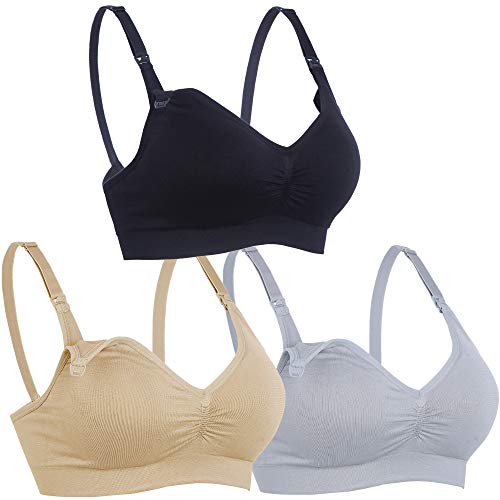 BAOMOSI 3PACK Womens Maternity Nursing Bra for Breastfeeding Comfort Seamless Padded Bras Black Beige Grey Medium