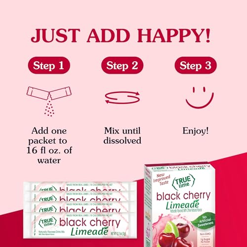 TRUE LIME BLACK CHERRY LIMEADE DRINK MIX (10 PACKETS) | MADE FROM REAL LIMES | NO PRESERVATIVES, NO ARTIFICIAL SWEETENERS, GLUTEN FREE | WATER FLAVOR PACKETS & WATER ENHANCER WITH STEVIA