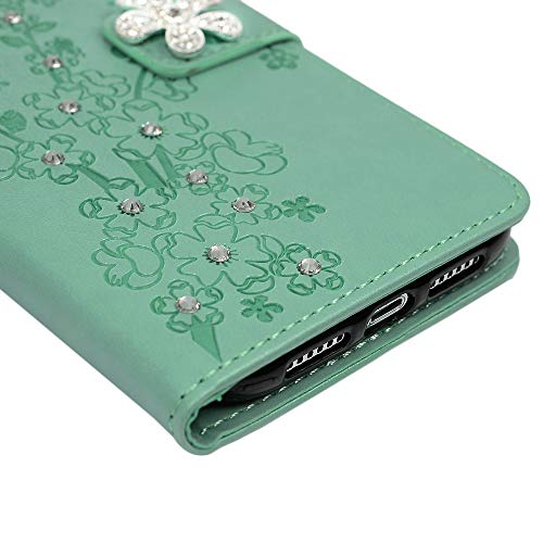 ZSTVIVA iPhone Xr 6.1 inch Case, Wallet Case Cover PU Leather 3D Sparkle Diamond Magnetic Folio Bumper Embossed Plum Blossom Waterproof Card Holders Protective Skin Shell - Green - Thumbnail 3