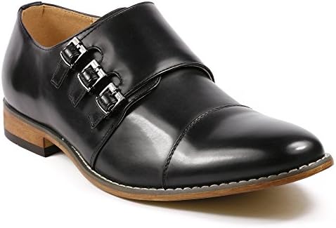 UVS09 Men's Triple Monk Strap Cap Toe Slip On Loafers Dress Shoes (Black, 12)