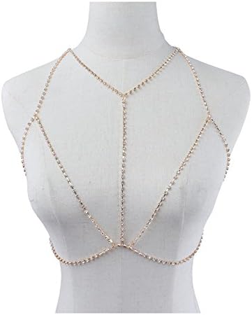 WeeH Bikini Boho Jewelry for Women Sexy Body Chain Necklace Bra Swimwear Beach Rhinestone Dimond Full Gold (D0296)