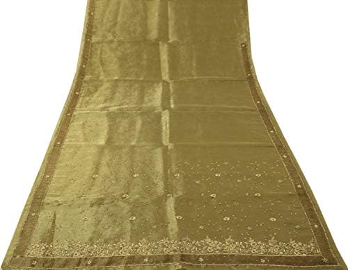 Vintage Saree Indian Art Silk Tissue Hand Beaded Zardozi Woven Green Sari Fabric
