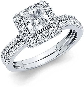 TWJC 14k Yellow OR White Gold Solid Wedding Engagement Ring and Wedding Band 2 Piece Set
