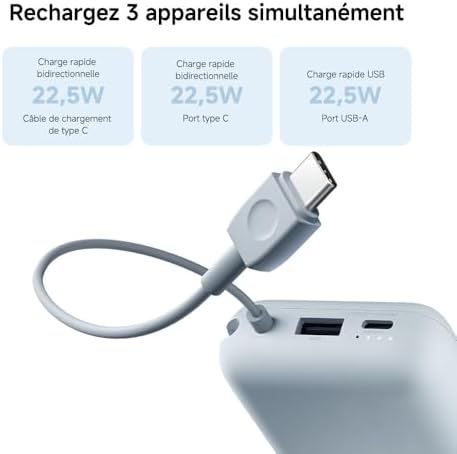 Power Bank 10000mAh, Batterie Externe de Poche Rapide 22,5 W Max, Compatible avec Plusieurs appareils, Charge Rapide bidirectionnelle de Type C, Sortie à Trois Ports, pour iPhone,Samsung, Tan