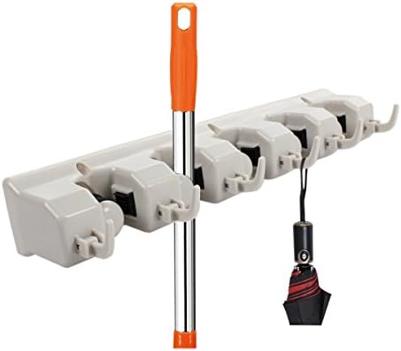 HiCollie Mop and Broom Hanger Holder Wall Mounted Garage Storage Rack Hooks Garden Tool Organizer (5 Position 6 Hooks)