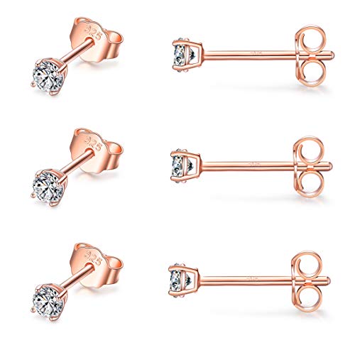 Sterling Silver Stud Earrings for Women Girls Men- 3 Pairs 3mm Tiny Ball Stud Earrings Round CZ Earrings Pearl Earrings Set Cartilage Small Tragus Earrings (3 Pairs-Cubic Zirconia Earrings(Rose Gold)) - Thumbnail 2