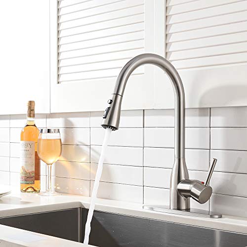 Ufaucet Modern Commercial Lead-free Solid Brass Single Lever Pause Botton Pull Out Sprayer Brushed Nickel Kitchen Faucet, Kitchen Sink Faucet With Deck Plate