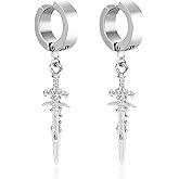 No Piercing Clip On Black Punk Sword Dangle Drop Small Hoop Earrings for Men Women Fake Pierced Punk Kpop Religious Christian Hypoallergenic Stainless Steel Hanging Cool Birthday Bff Gift