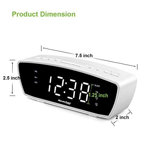 Reacher Modern Dual Alarm Clock Radio with Adjustable Alarm Volume for Heavy and Light Sleepers, USB Phone Charger Port, Sleep Timer, Dimmer, Snooze for Bedrooms Bedside (White) - Thumbnail 5