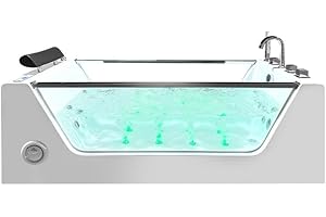 Whirlwell 67x28 Inch Freestanding Whirlpool Thermostatic Bathtub with Air and Water Jets, Bluetooth Audio, LED Lighting, Left