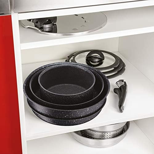 Tefal Ingenio Authentic Set de 3 Casseroles 16/18/20 cm (1,5/2,1/3 L) + 1 Poignée Amovible Induction, Antiadhésif, Noir Moucheté L6719012