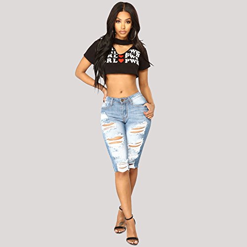 Clearance Womens Clothing WEUIE Womens Casual Elastic Denim Leggings Destroyed Bermuda Shorts Jeans Pants (XL, Blue ) - Thumbnail 2