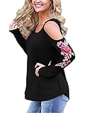 OURS Women's Crewneck Cold Shoulder Floral Embroidered Long Sleeve Loose Fit T-Shirt Blouse Tops