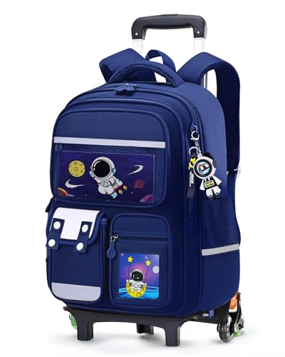 Amythe School Bag with Wheels for Boys 6-10 Years, Primary School Backpack with Removable Trolley, 6 Wheels, 20L School Bag with Reflective Strips for Children, Blue