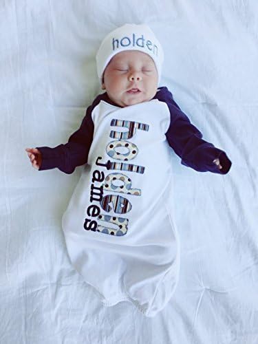Newborn Baby Boy's Navy Raglan Personalized Name Sleeping Gown