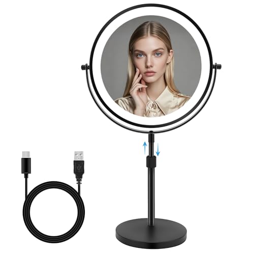 MEKOTRIN Makeup Mirror with Lights, Magnifying Mirror 10x 360° Rotation with 3 Coloured Lights Adjustable Brightness, Double-Sided Makeup Mirror for Personal Care and Makeup