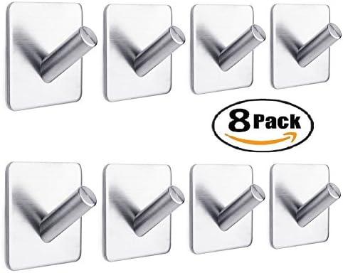 8 Pack Stainless Steel Hooks, Anteer 3M Self Adhesive Wall Hooks Towel Robe Coat Hanger Key Rack Garage Storage Organizer Stick On Sticky Bathroom Kitchen Wall Mount Heavy Duty Brushed Finish (8)