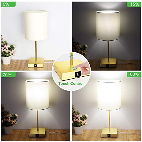 Touch Control Table Lamp, 3-Way Dimmable, 2 USB Fast Charging Ports, Bedside Nightstand Lamp With TC Cloth Shade for Bedroom, Living Room, Dorm, Office, 60W Equivalent E26 LED Bulb Included(Gold)