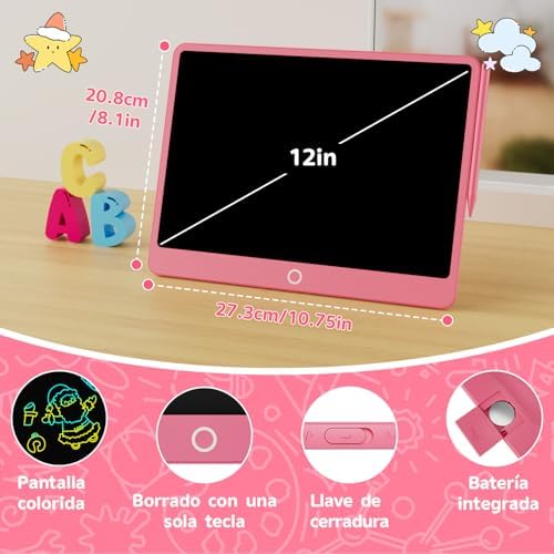 Tableta de Escritura LCD 12 Pulgadas, Electight 2026 Edición Mejorada Tablet Escritura Pantalla Colorido Infantil con Borrable y Bloqueo, para Niñas y Niños de 3-12 Años, para Hogar, Escuela, Rosa