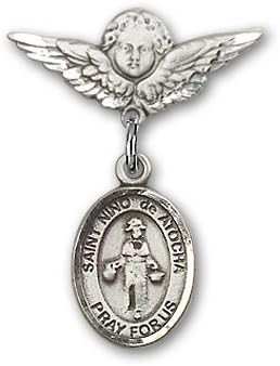 ReligiousObsession's Sterling Silver Baby Badge with St. Nino de Atocha Charm and Angel with Wings Badge Pin