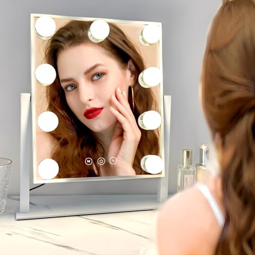 Beauenty Vanity Mirror with Lights, Lighted Makeup Mirror with 9 LED Bulbs and Detachable 10X Magnification,360° Rotation Makeup Mirror, Adjustable Brightness and 3 Color Modes