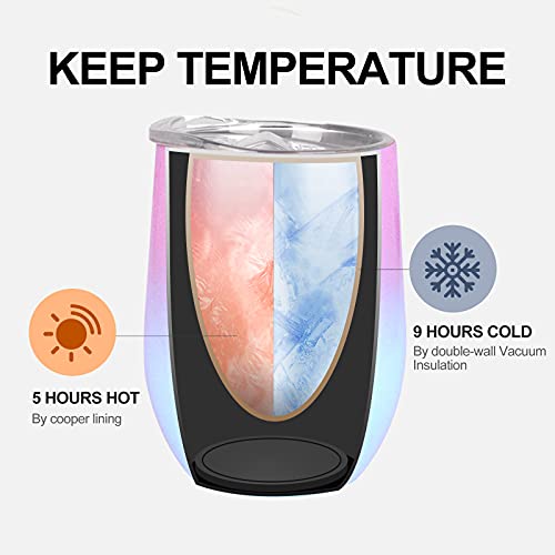 12 oz Wine Tumbler with Leakproof Lid, Stainless Steel Vacuum Insulated Wine Glasses Stemless, Spill Proof Travel Cup for Coffee, Cocktails, Gift for Women, Mother, Wife, Girls, Pink-blue Gradient