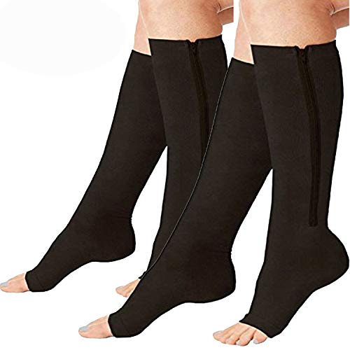 2 Pairs Compression Socks Toe Open Leg Support Stocking Knee High Socks with Zipper (Black, L/XL) ...