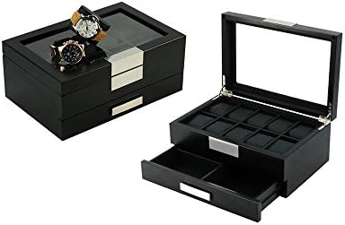 LEO LION Wood Watch Box for Men with Jewelry Tray and Glass Top Rings and Cuff Links Organizer