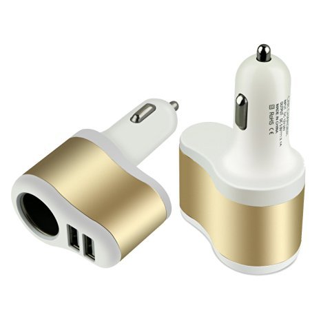 Tfboys 3.1a Gold Car Charger with Lighter Socket and Dual USB Charging Ports Duo for Iphone Ipad, Ipod, Samsung, Htc, Nokia