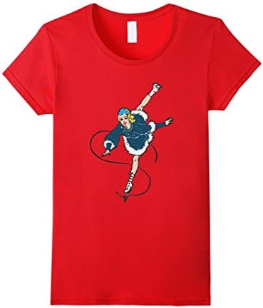 Womens Retro Vintage Figure Skating Girl In Blue Dress T-Shirt Large Red