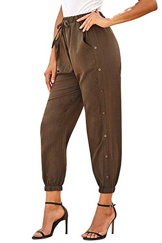 NEWFANGLE Women\'s Linen Casual Pants Drawstring Elastic Waist with Pockets Solid Comfy Loose Fit Trousers,Brown,XXL