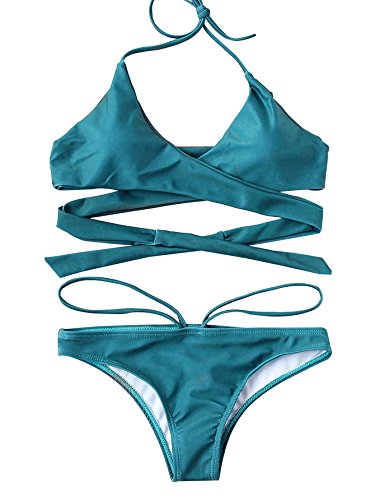 SOLYHUX Women's Halter Wrap Bikini Set Turquoise L - Thumbnail 4