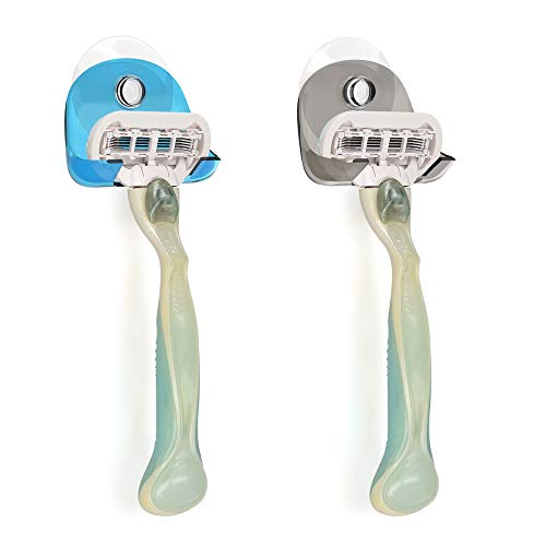 kwmobile 2x Razor Holder with Suction Cup - Self-Adhesive Shaver Wall Mount - Bathroom Organizer for Glass and Tiles - Black/Blue/Transparent