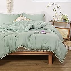 Smoofy Pom Fringe Comforter Set Queen Size Sage