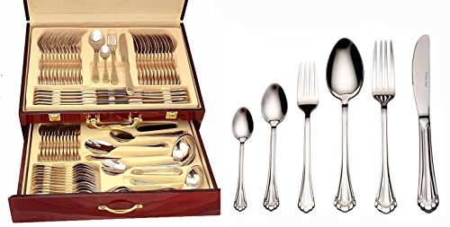 Venezia Collection Euro 75-Piece Flatware Set, Silverware Cutlery Dining Service for 12, Premium 18/10 Surgical Stainless Steel, Hostess Serving Set w/Wood Flatware Chest