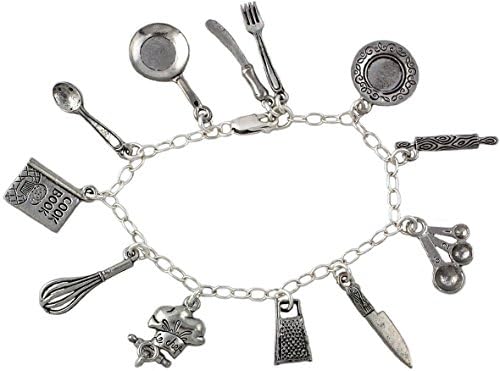 Chef Charm Bracelet - Pewter Cooking and Baking Themed Charms on a Sterling Silver Chain - Sizes XS S M L XL XXL