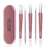 AMTOK Blackhead Remover Kit Curved Blackhead Tweezers Kit Pimple Comedone Extractor Tool Set Dermatologist Grade Kit Treatment for Blemish, Zit Popper (Tweezers Kit Rose Gold)